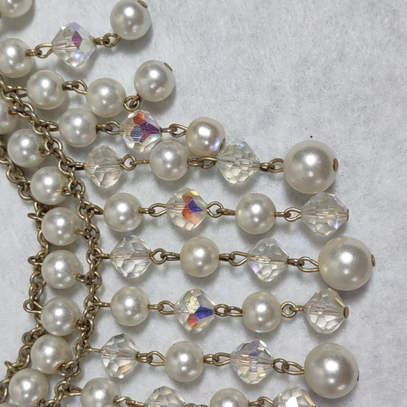 Vintage Bib Style Faux Pearl/AB Crystal Goldtone Necklace - Picture 5 of 10